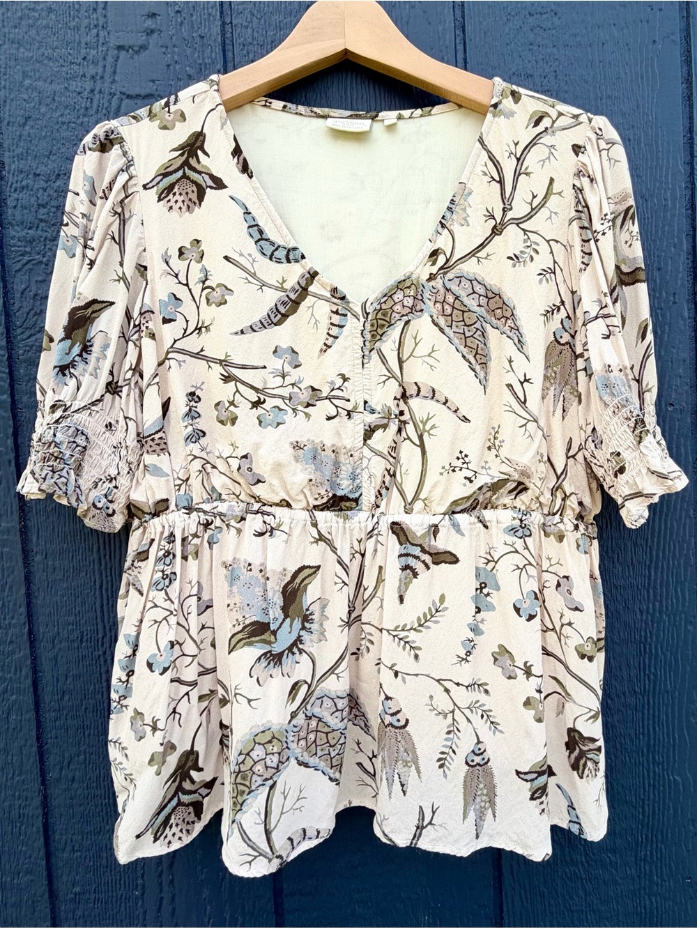 Spartina 449 Cream Floral V-Neck Peplum Top with Blue and Olive Accents